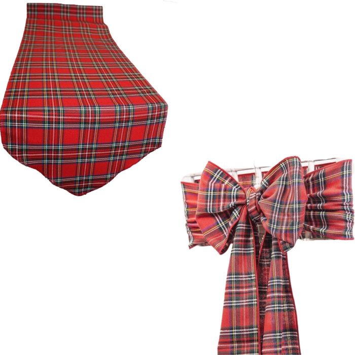 Chemin de table écossais traditionnel en tartan rouge (12 "x108") 1pc + 6pc ceinture de chaise (8 "x108") – Image 1